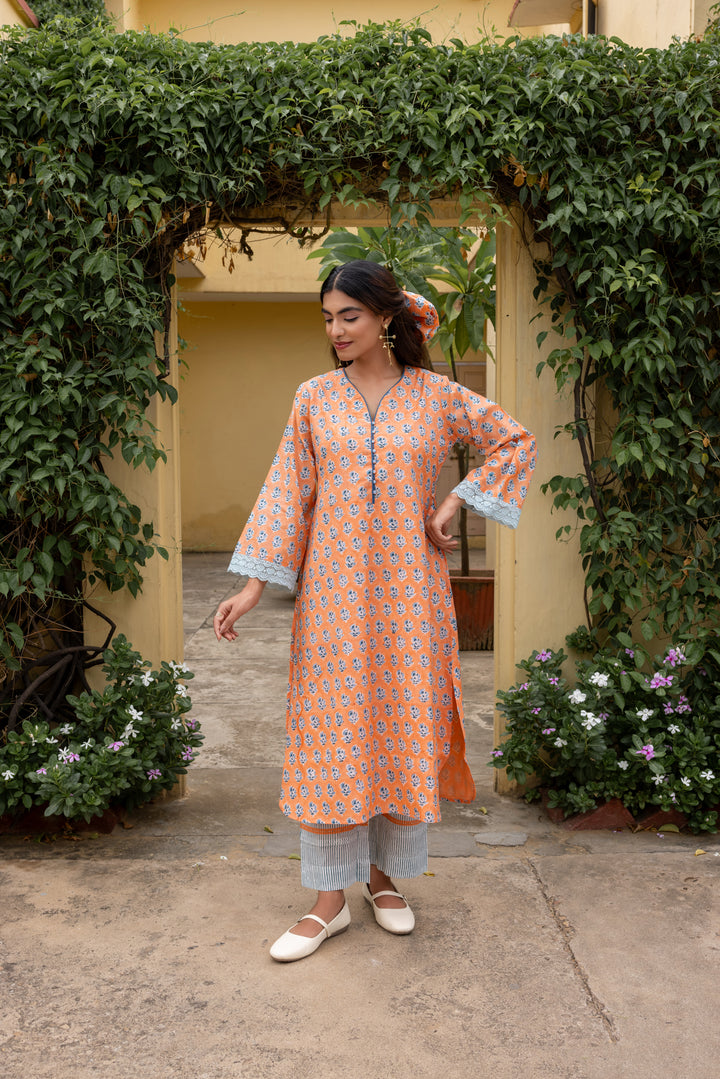 Rangmela Orange & Blue Cotton Silk Long Kurta Set of 2