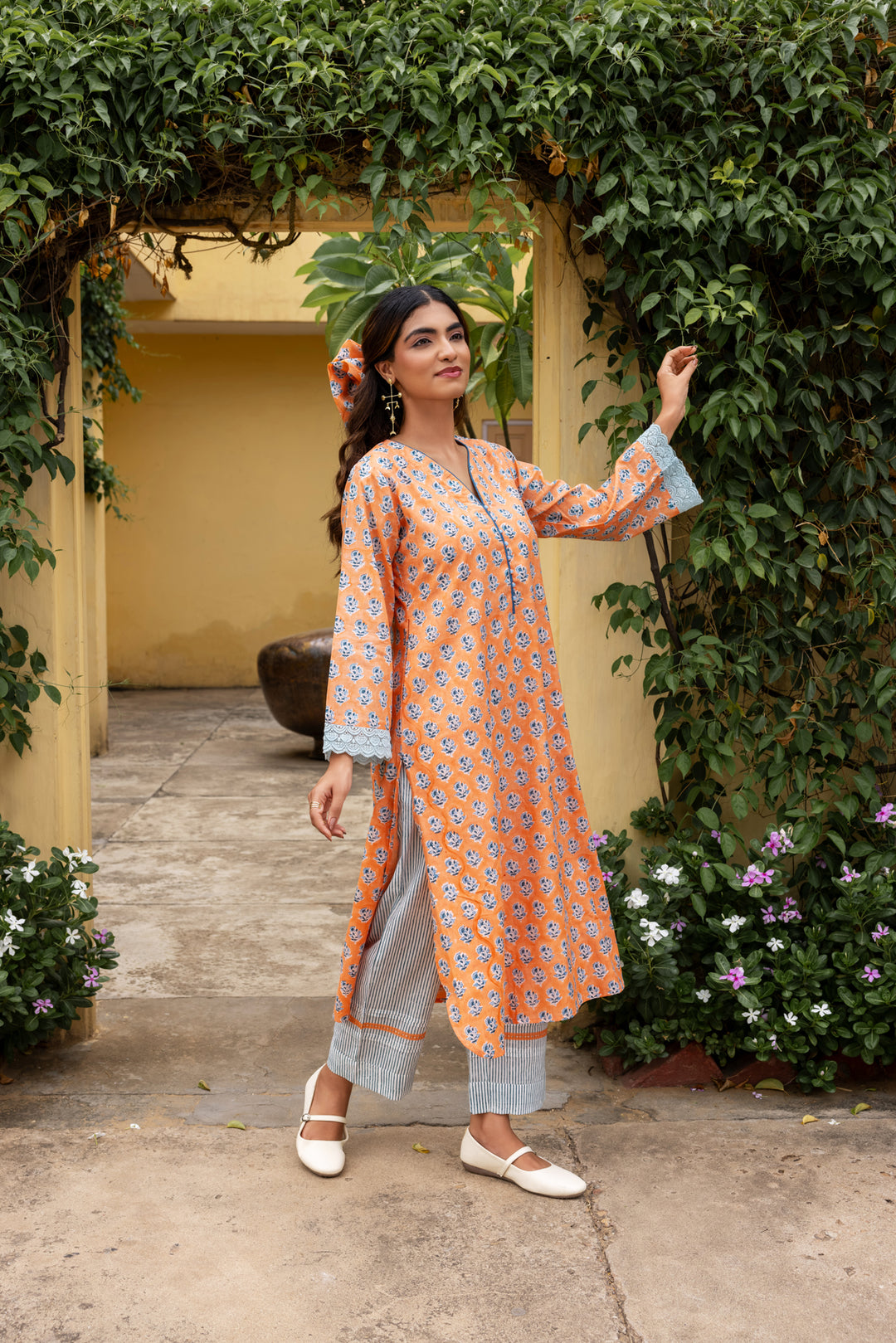 Rangmela Orange & Blue Cotton Silk Long Kurta Set of 2