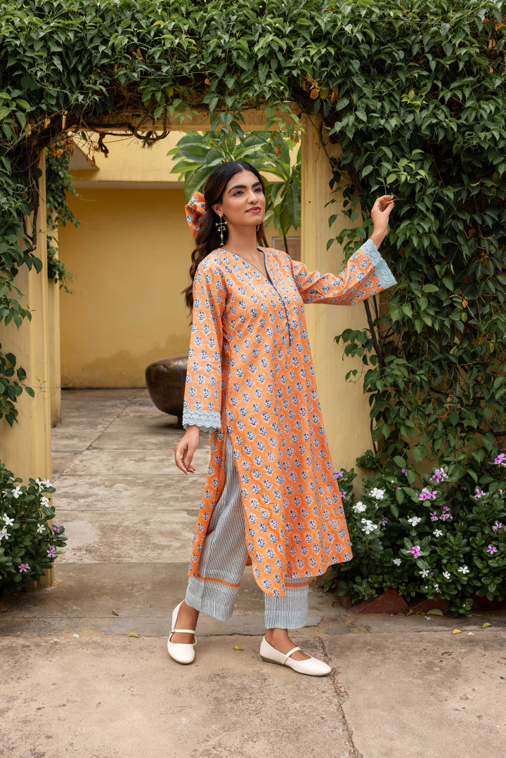 Rangmela Orange & Blue Cotton Silk Long Kurta Set of 2