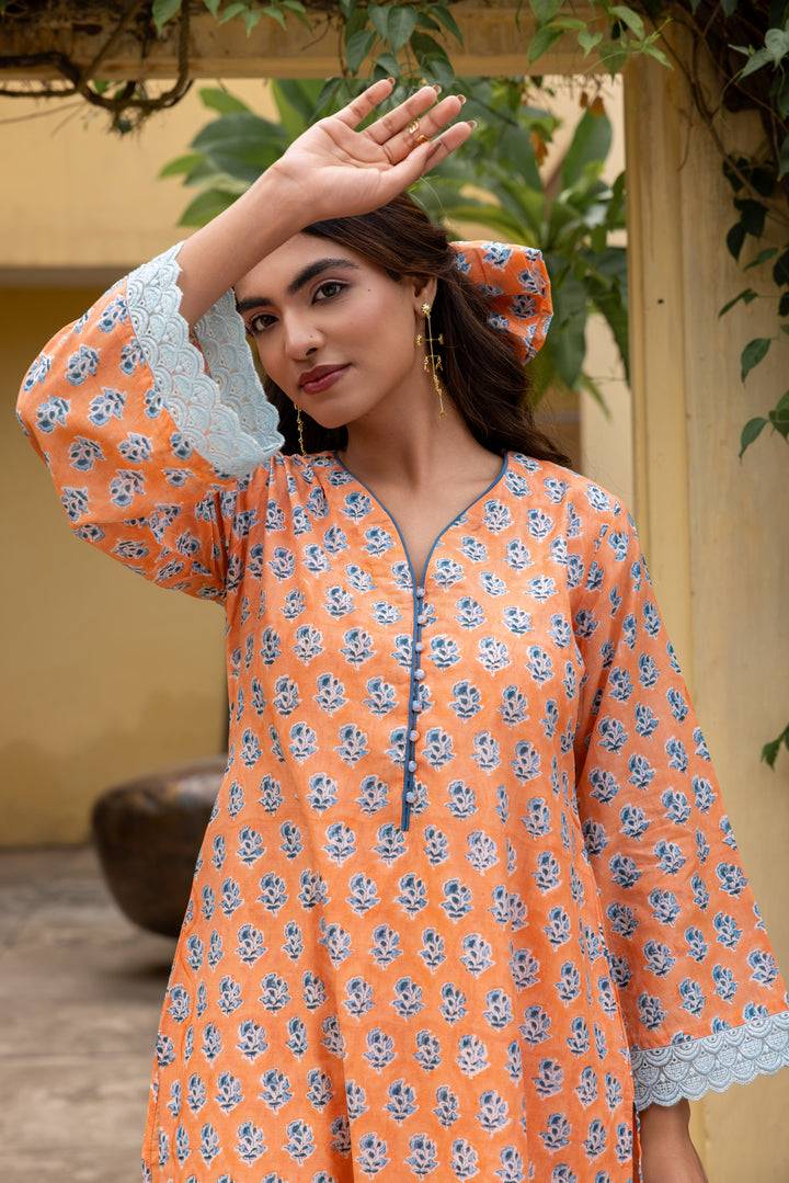 Rangmela Orange & Blue Cotton Silk Long Kurta Set of 2