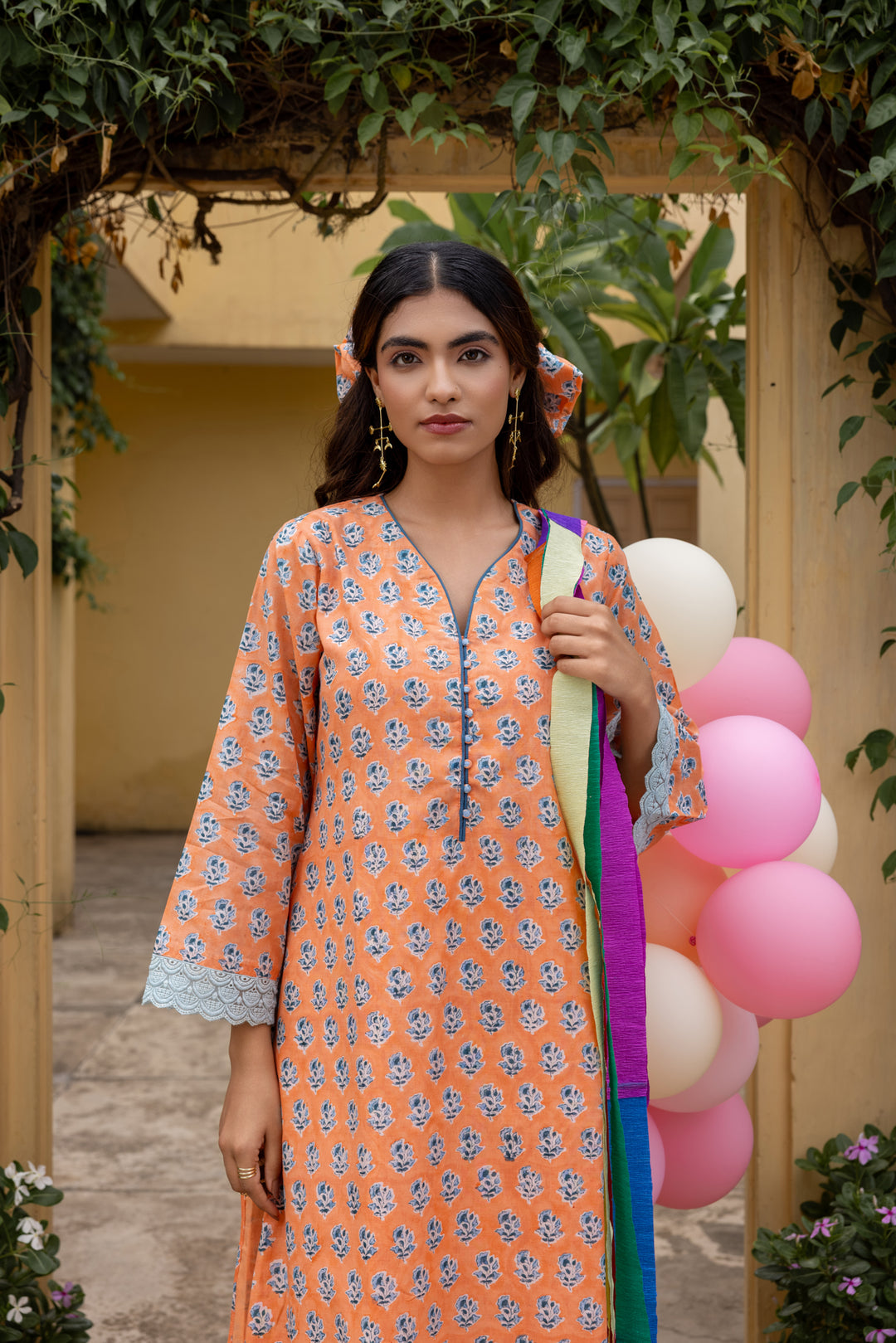 Rangmela Orange & Blue Cotton Silk Long Kurta Set of 2