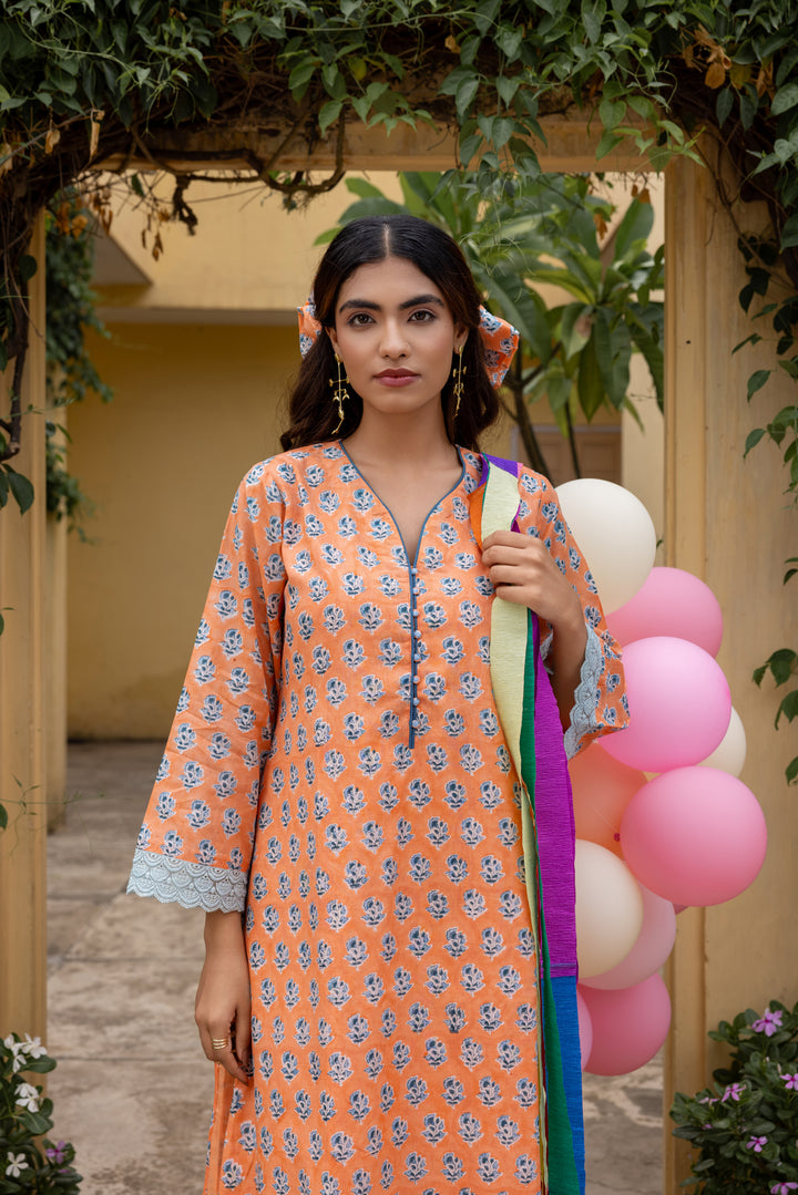 Rangmela Orange & Blue Cotton Silk Long Kurta Set of 2