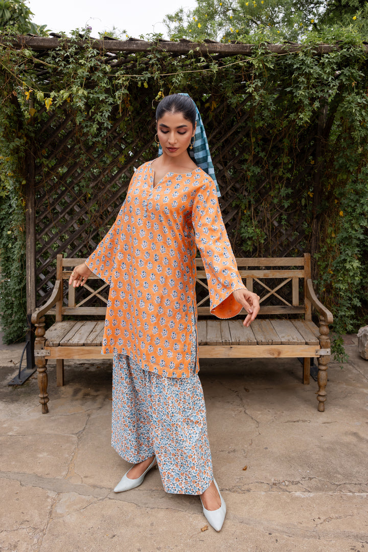 Rangmela Orange & Blue Cotton Silk Short Kurta Set of 2