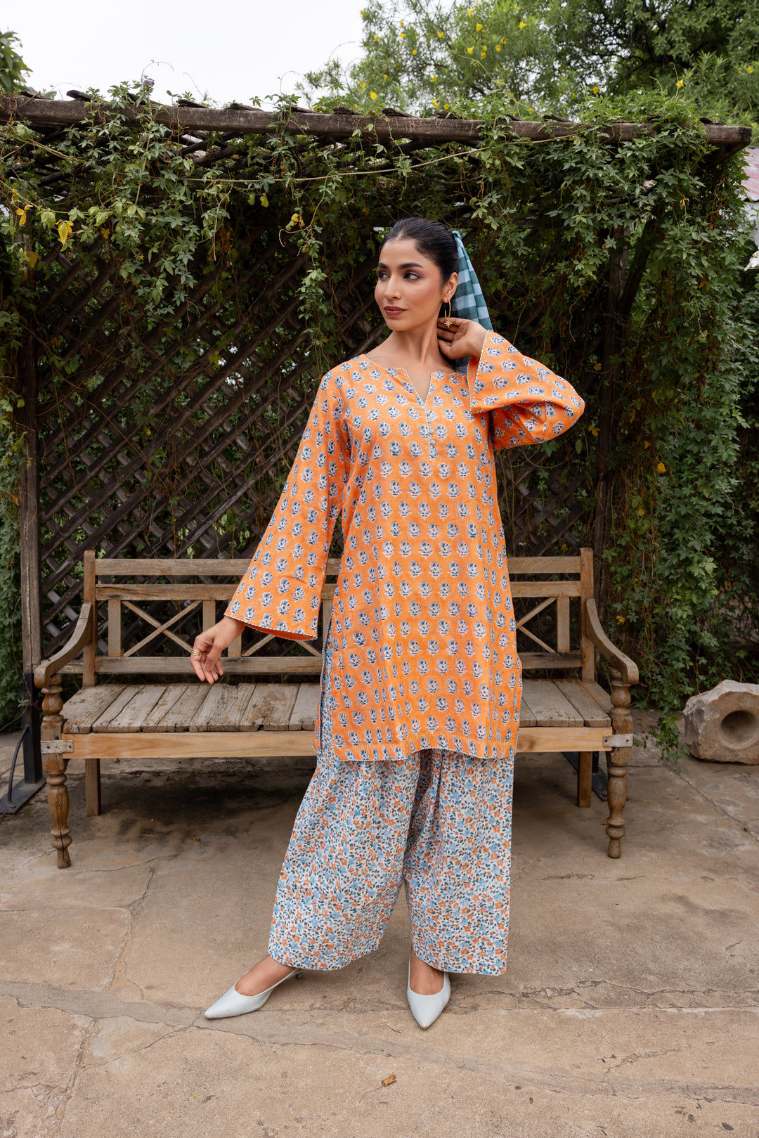 Rangmela Orange & Blue Cotton Silk Short Kurta Set of 2