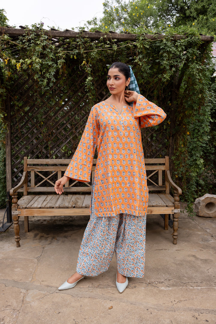 Rangmela Orange & Blue Cotton Silk Short Kurta Set of 2
