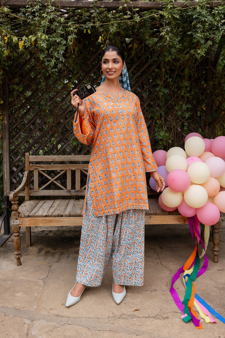 Rangmela Orange & Blue Cotton Silk Short Kurta Set of 2