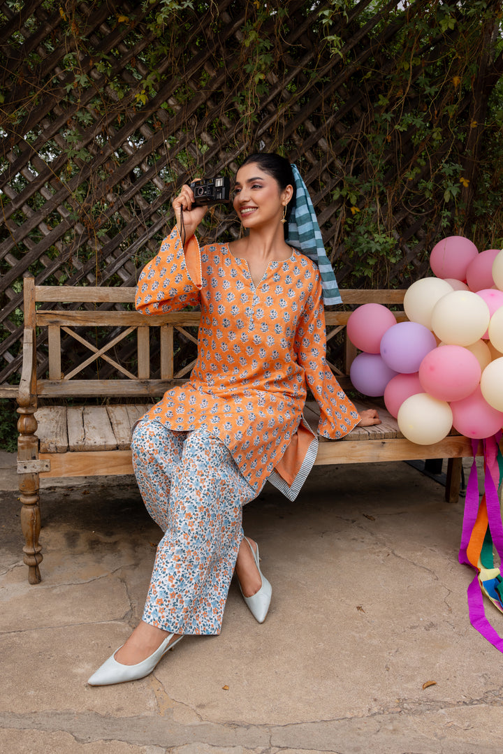 Rangmela Orange & Blue Cotton Silk Short Kurta Set of 2