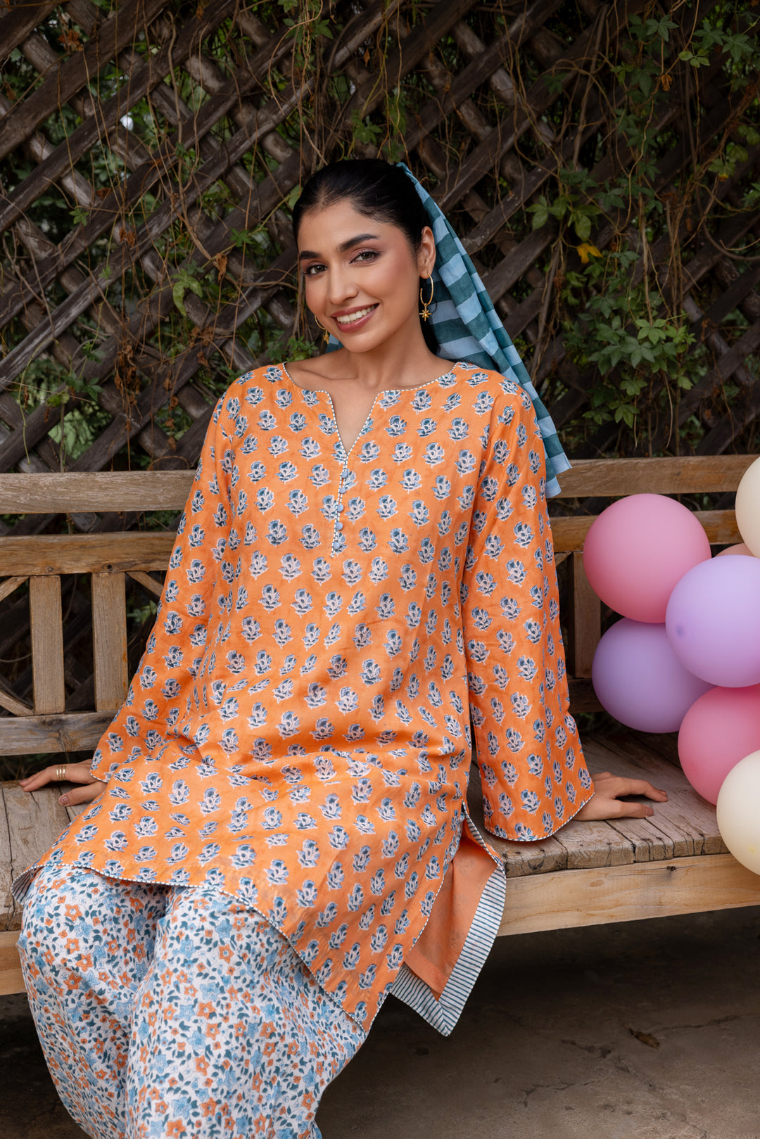 Rangmela Orange & Blue Cotton Silk Short Kurta Set of 2