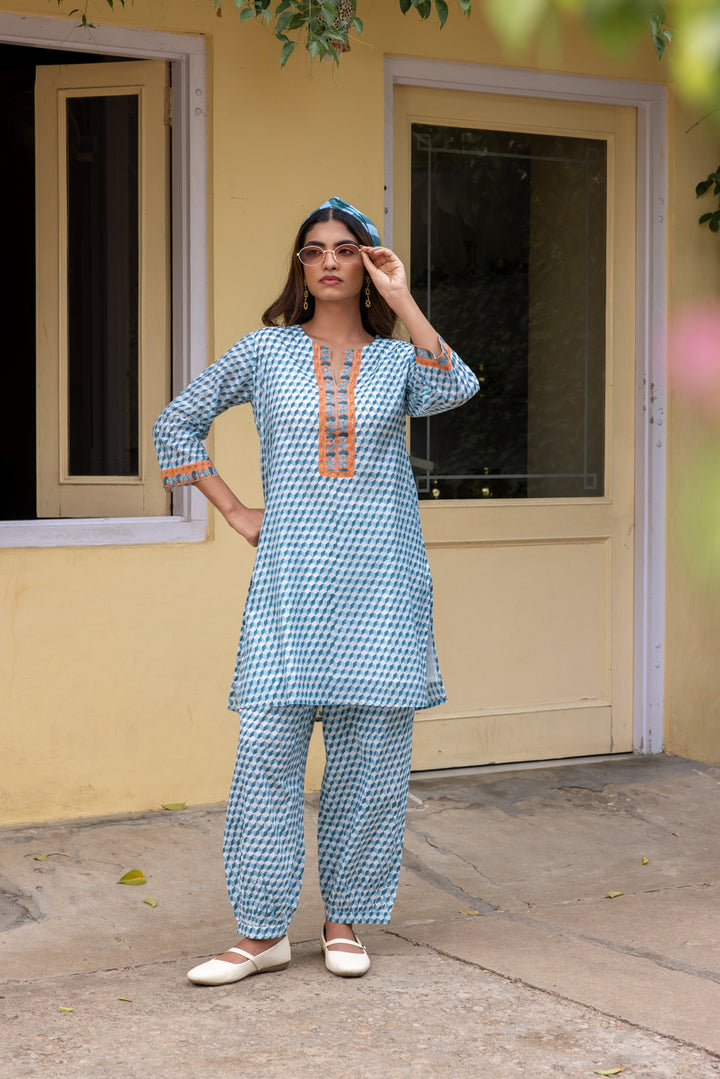 Rangmela Blue Cotton Silk Short Kurta Set of 2