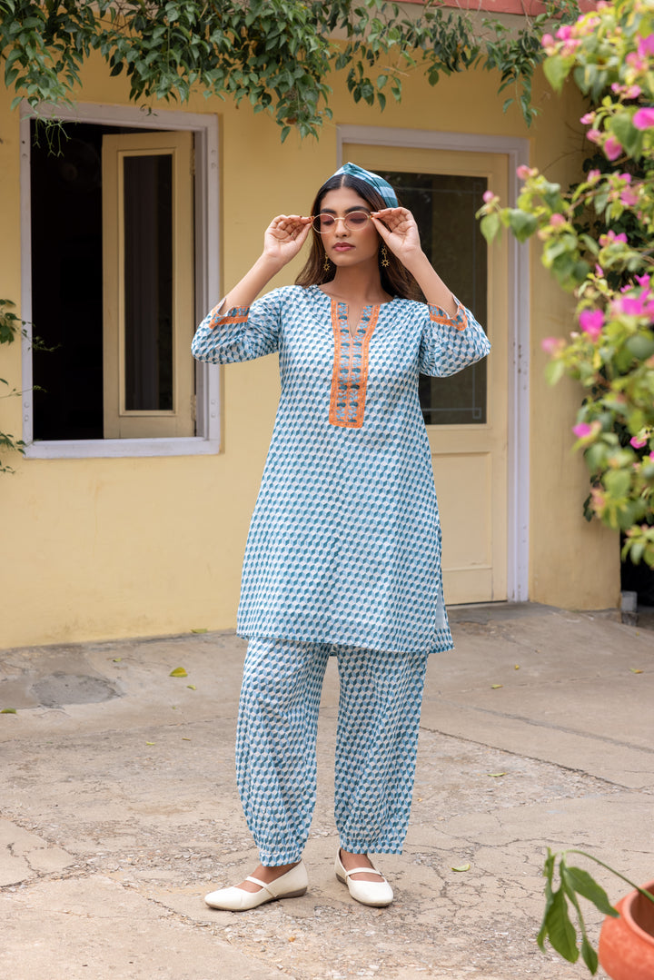Rangmela Blue Cotton Silk Short Kurta Set of 2