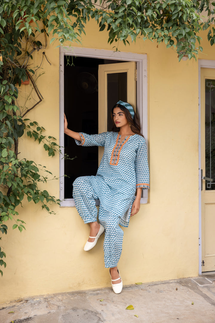 Rangmela Blue Cotton Silk Short Kurta Set of 2