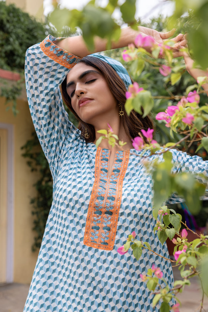 Rangmela Blue Cotton Silk Short Kurta Set of 2