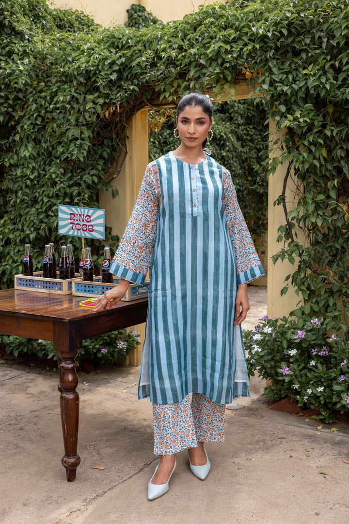 Rangmela Blue Cotton Silk Long Kurta Set of 2