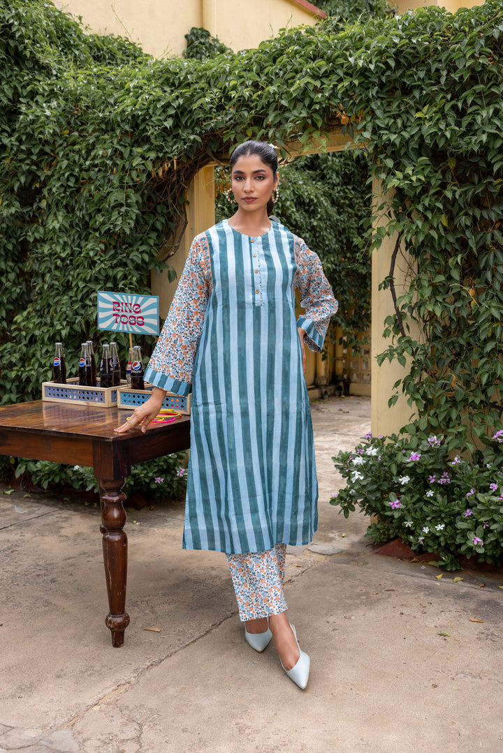 Rangmela Blue Cotton Silk Long Kurta Set of 2