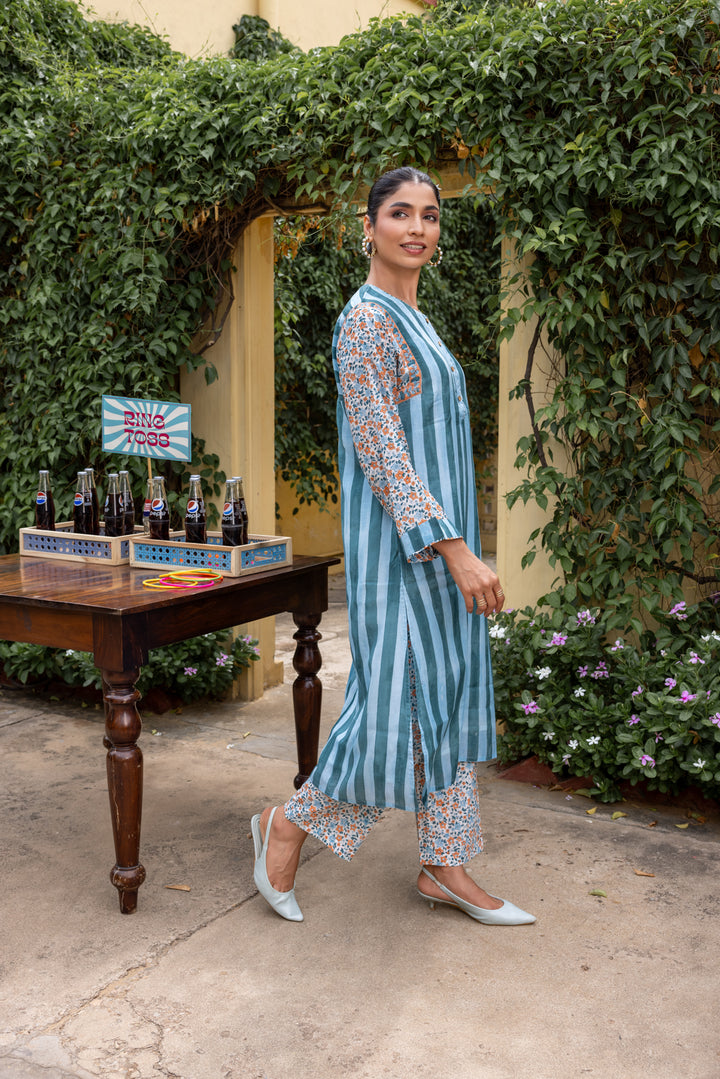 Rangmela Blue Cotton Silk Long Kurta Set of 2