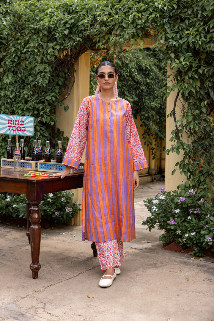 Rangmela Orange & Purple Strips Cotton Silk Long Kurta Set of 2