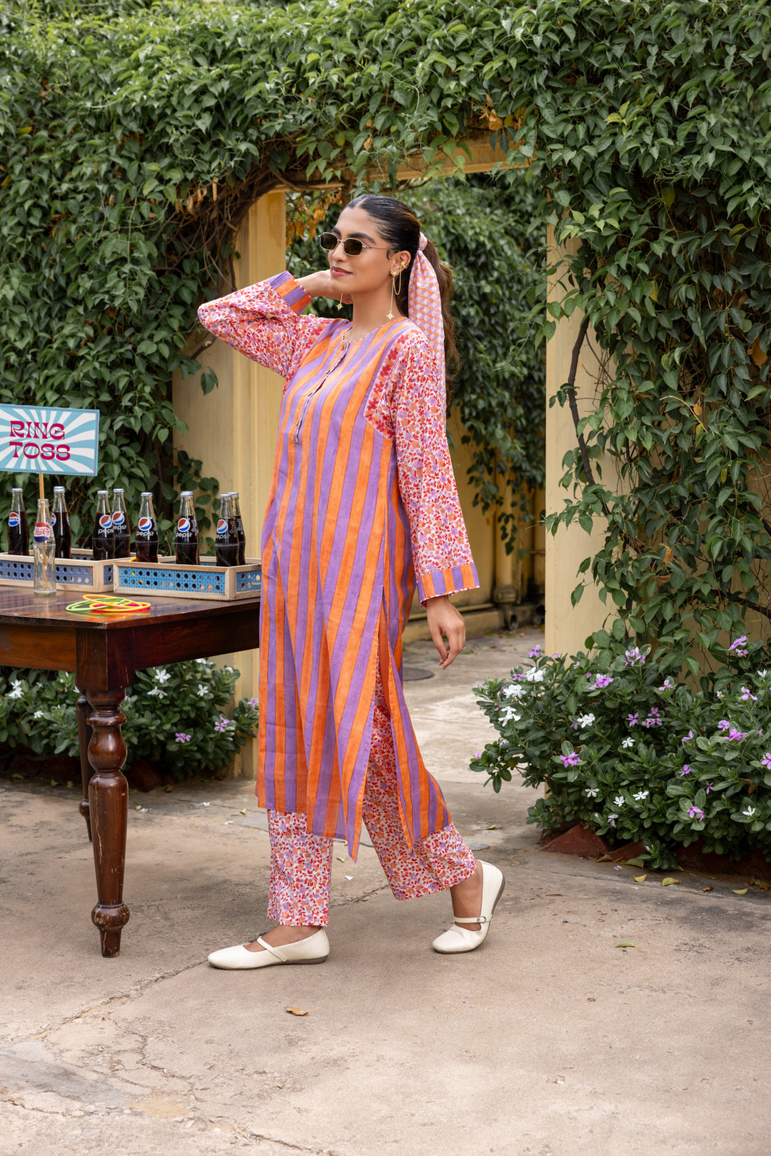 Rangmela Orange & Purple Strips Cotton Silk Long Kurta Set of 2