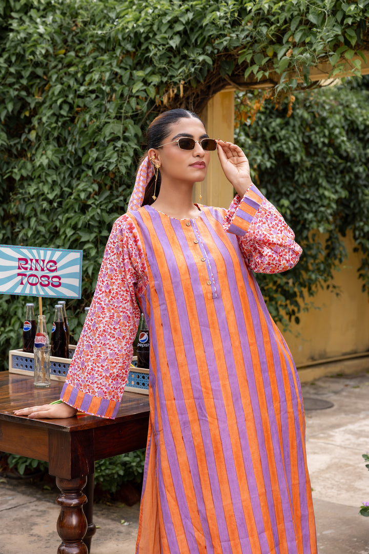 Rangmela Orange & Purple Strips Cotton Silk Long Kurta Set of 2