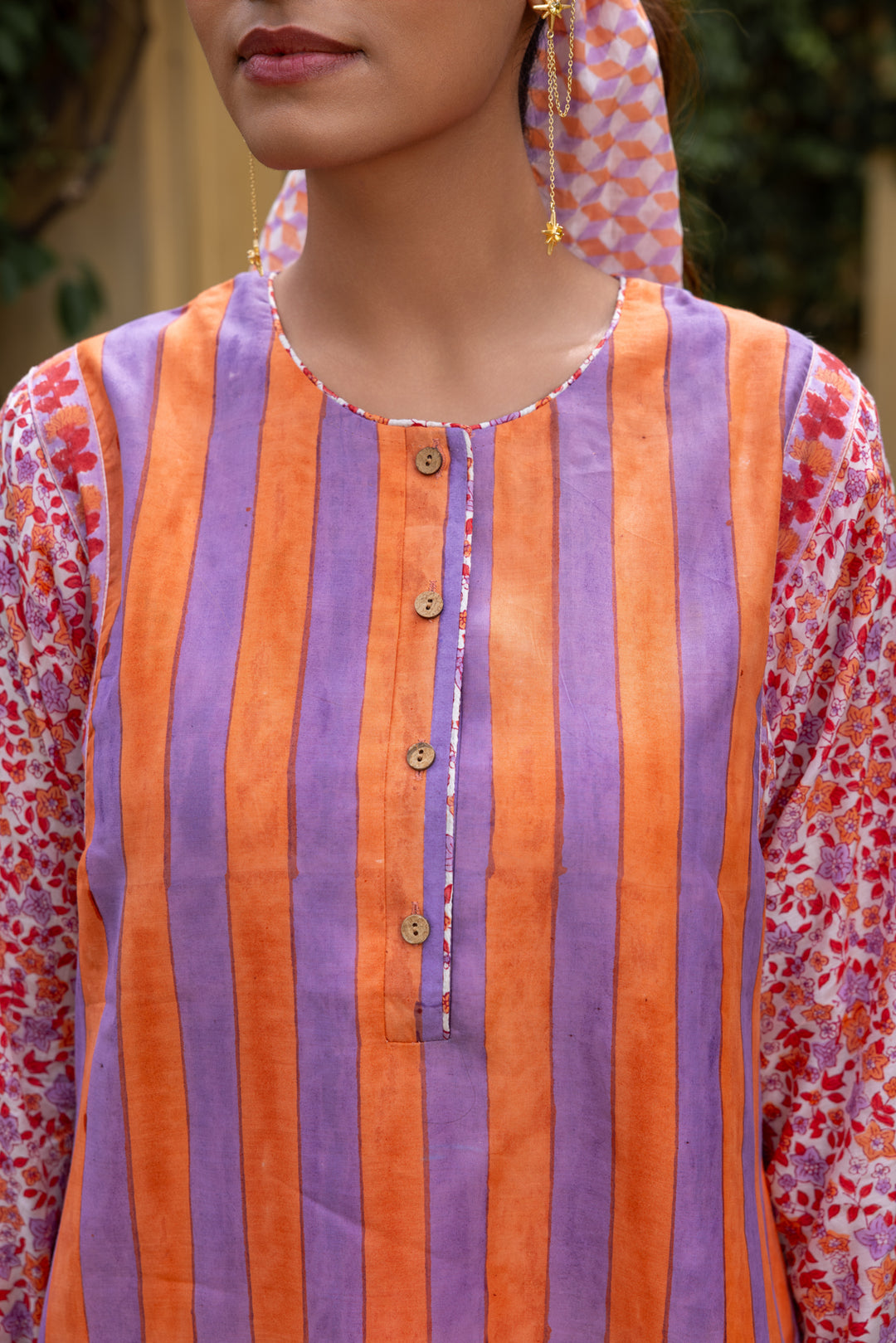 Rangmela Orange & Purple Strips Cotton Silk Long Kurta Set of 2