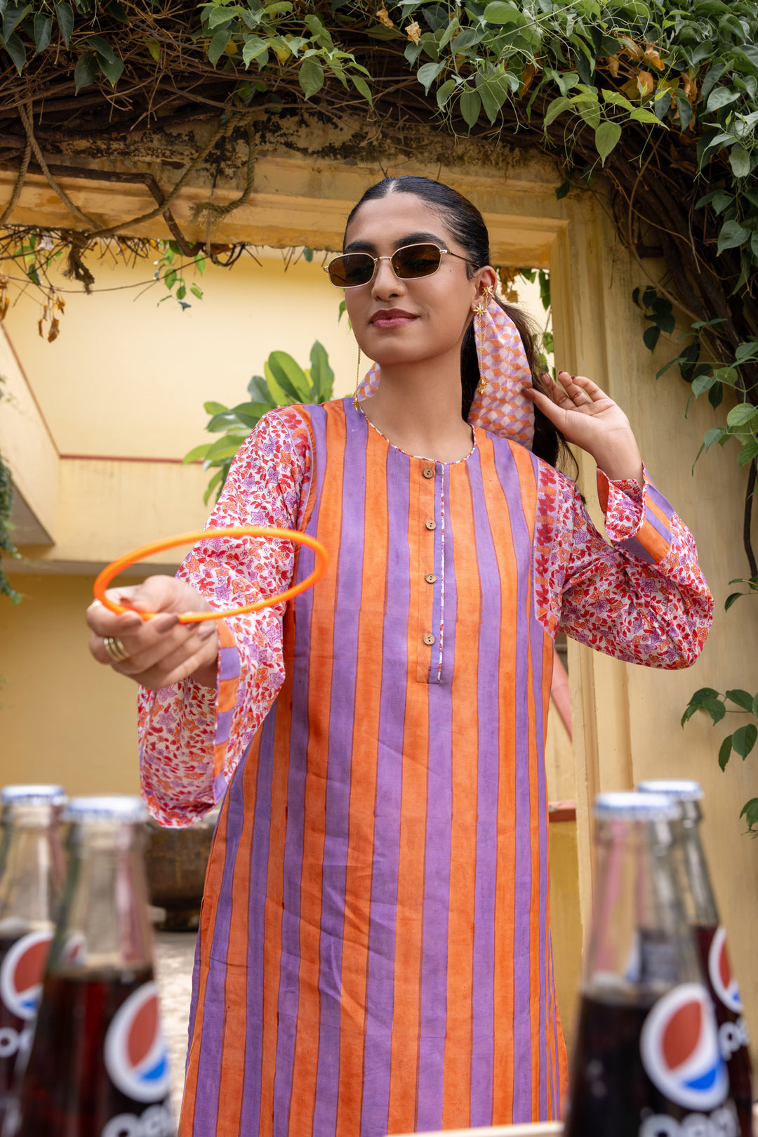 Rangmela Orange & Purple Strips Cotton Silk Long Kurta Set of 2