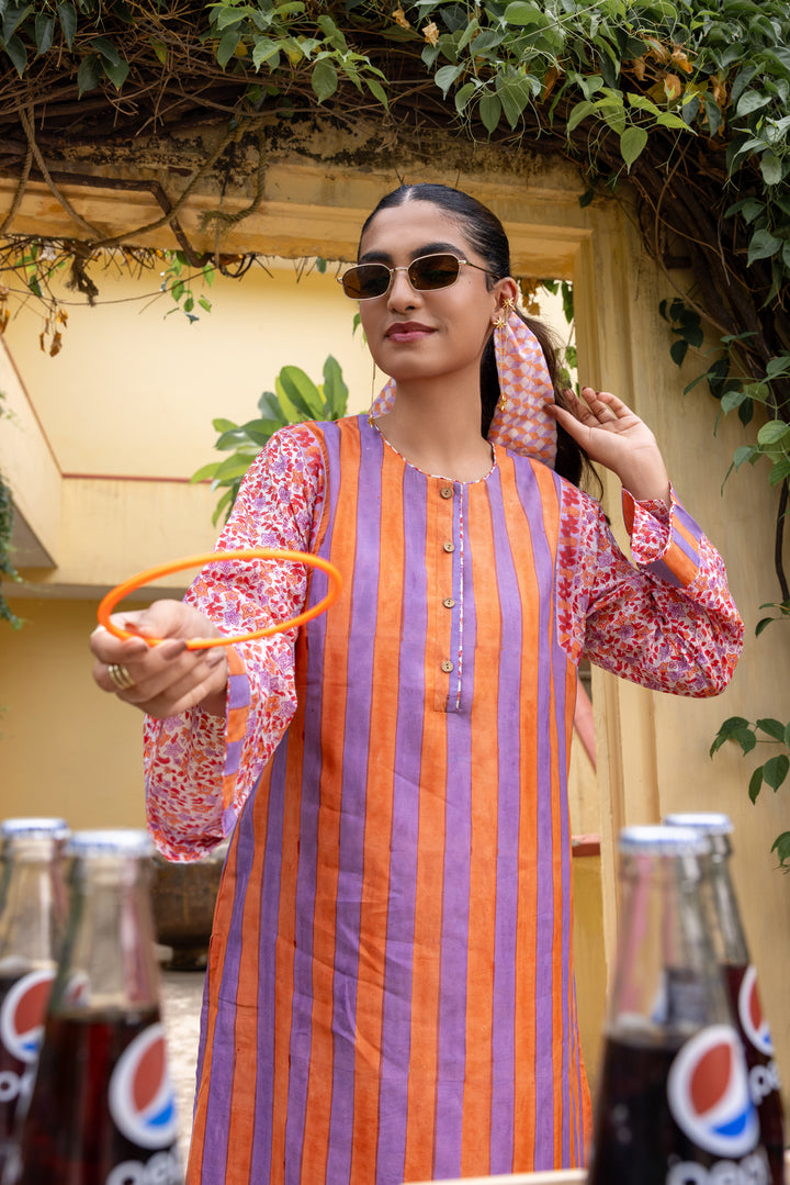 Rangmela Orange & Purple Strips Cotton Silk Long Kurta Set of 2