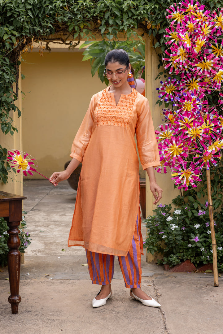 Rangmela Orange Solid Cotton Silk Long Kurta Set of 2