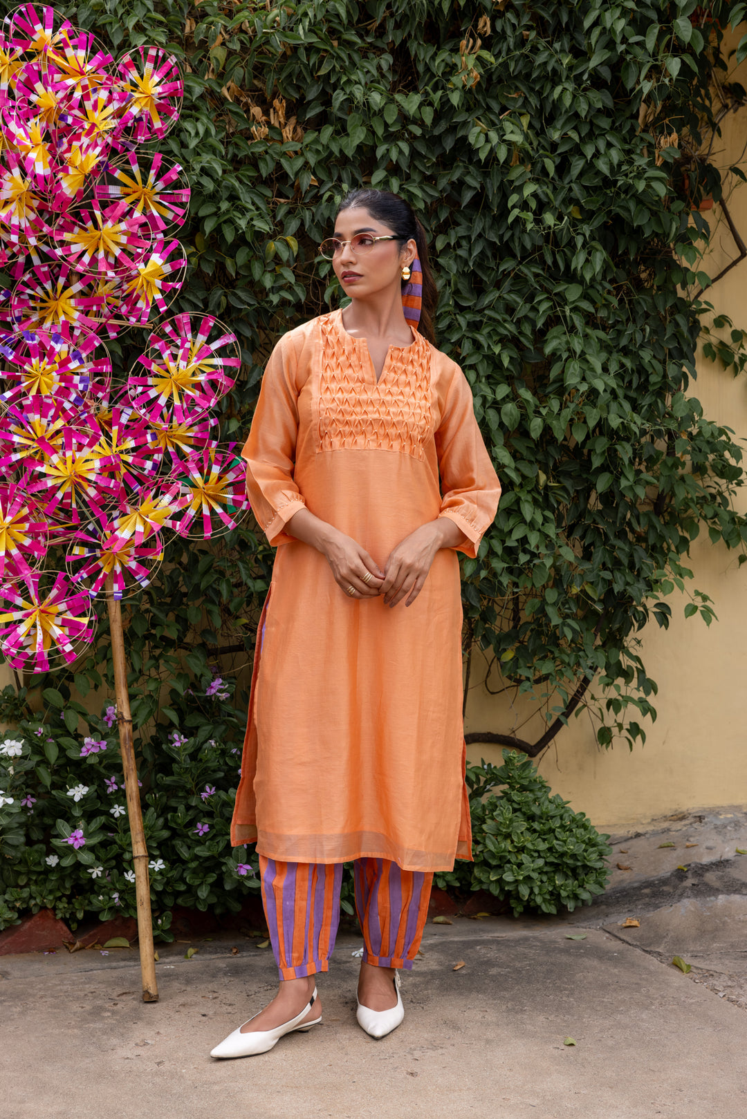 Rangmela Orange Solid Cotton Silk Long Kurta Set of 2