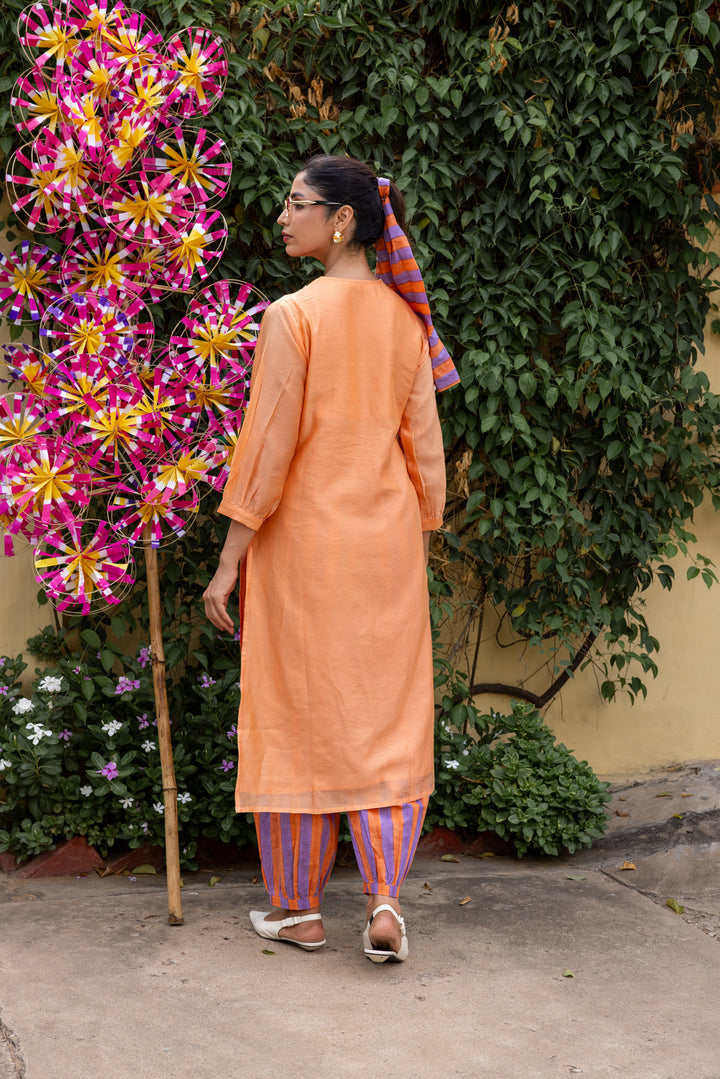 Rangmela Orange Solid Cotton Silk Long Kurta Set of 2