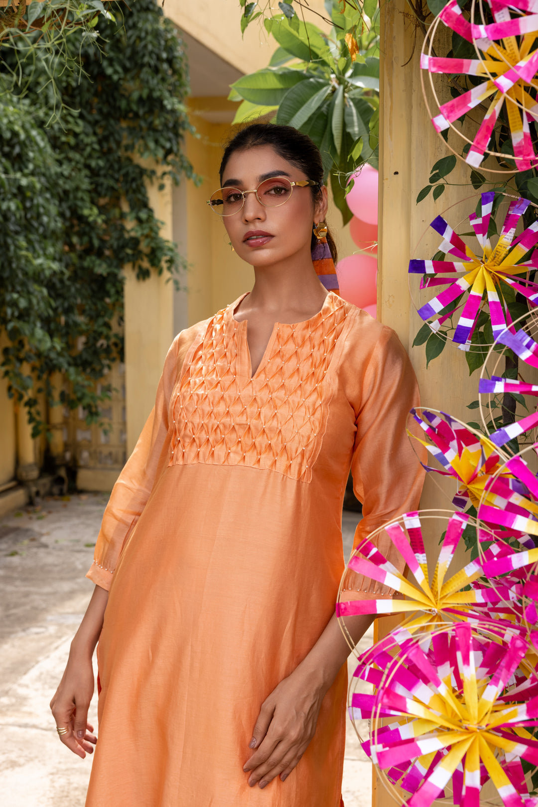 Rangmela Orange Solid Cotton Silk Long Kurta Set of 2