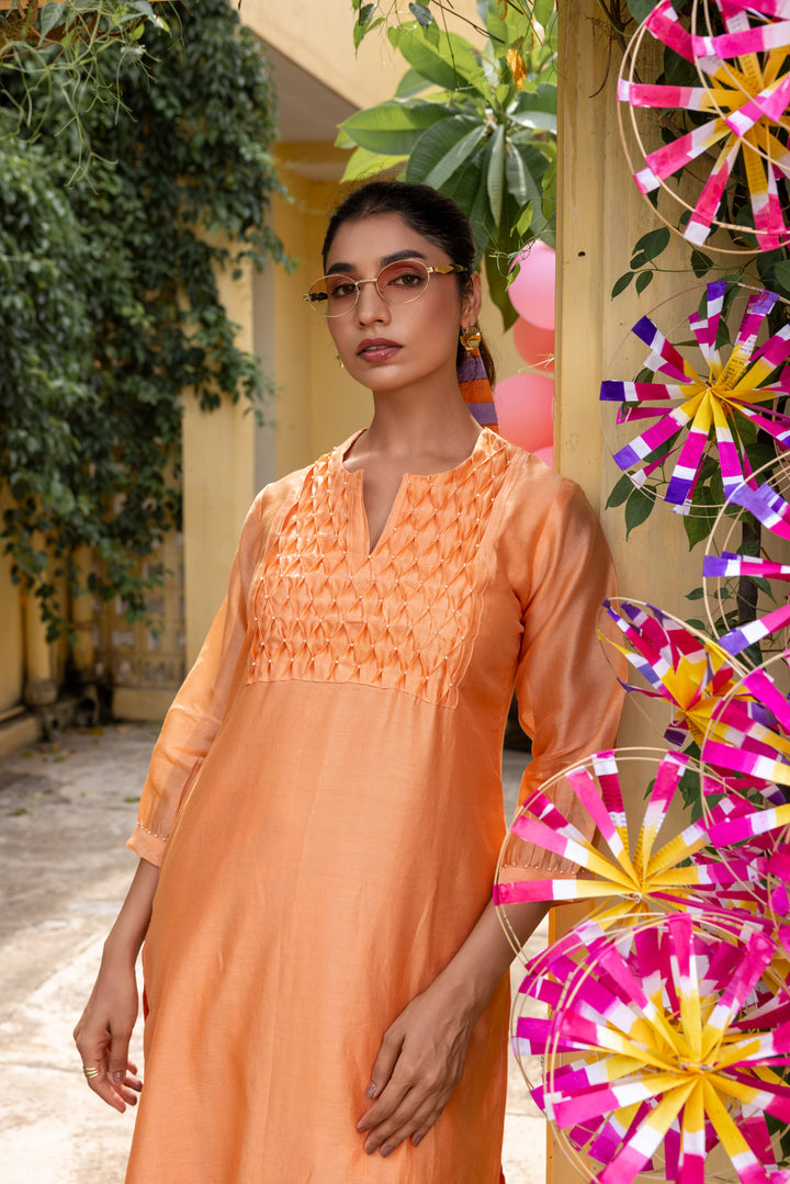 Rangmela Orange Solid Cotton Silk Long Kurta Set of 2