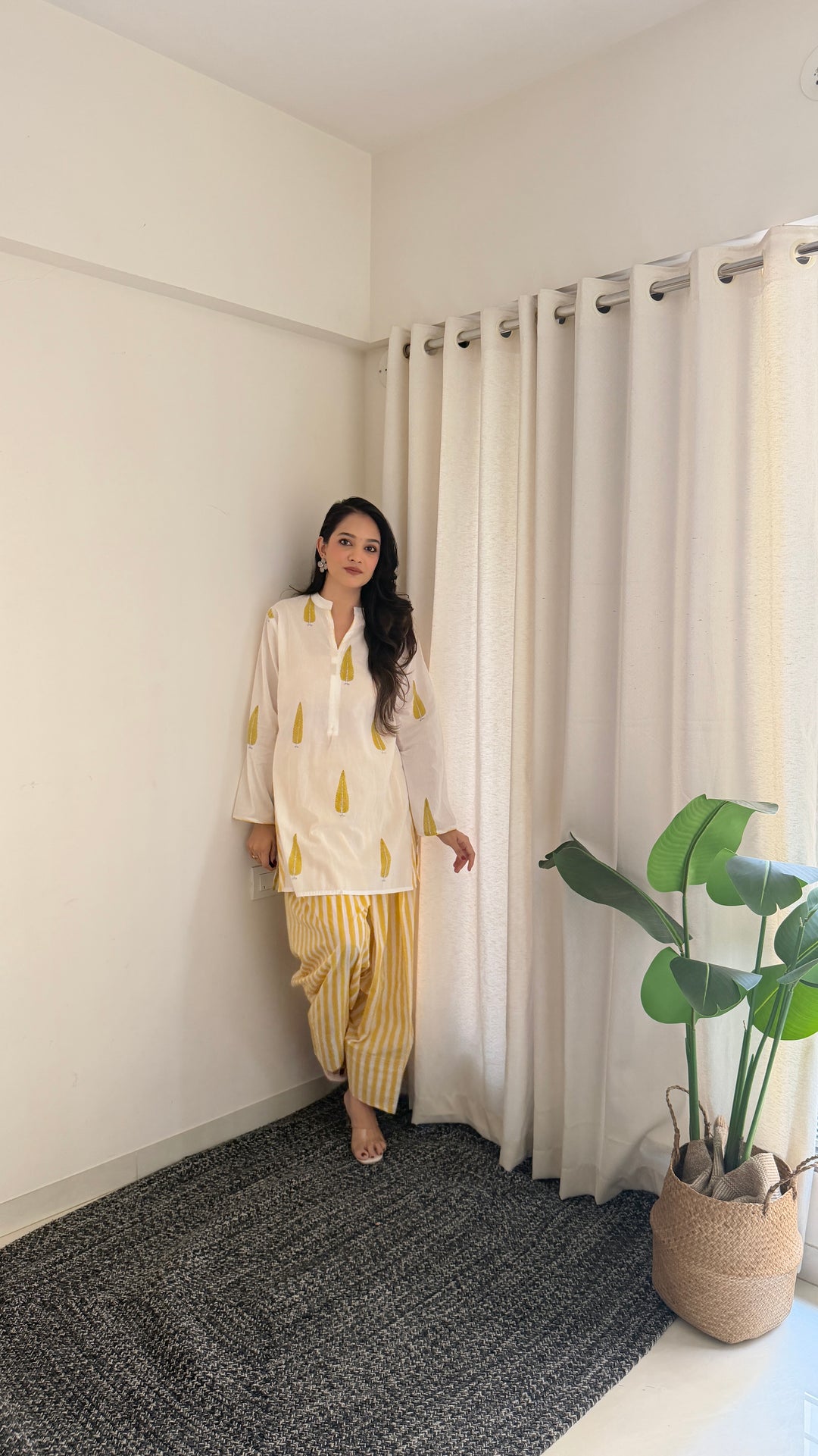 Aarti Hiran in Pihu White Block Printed Cotton Kurta with Farshi Salwar Set of 2