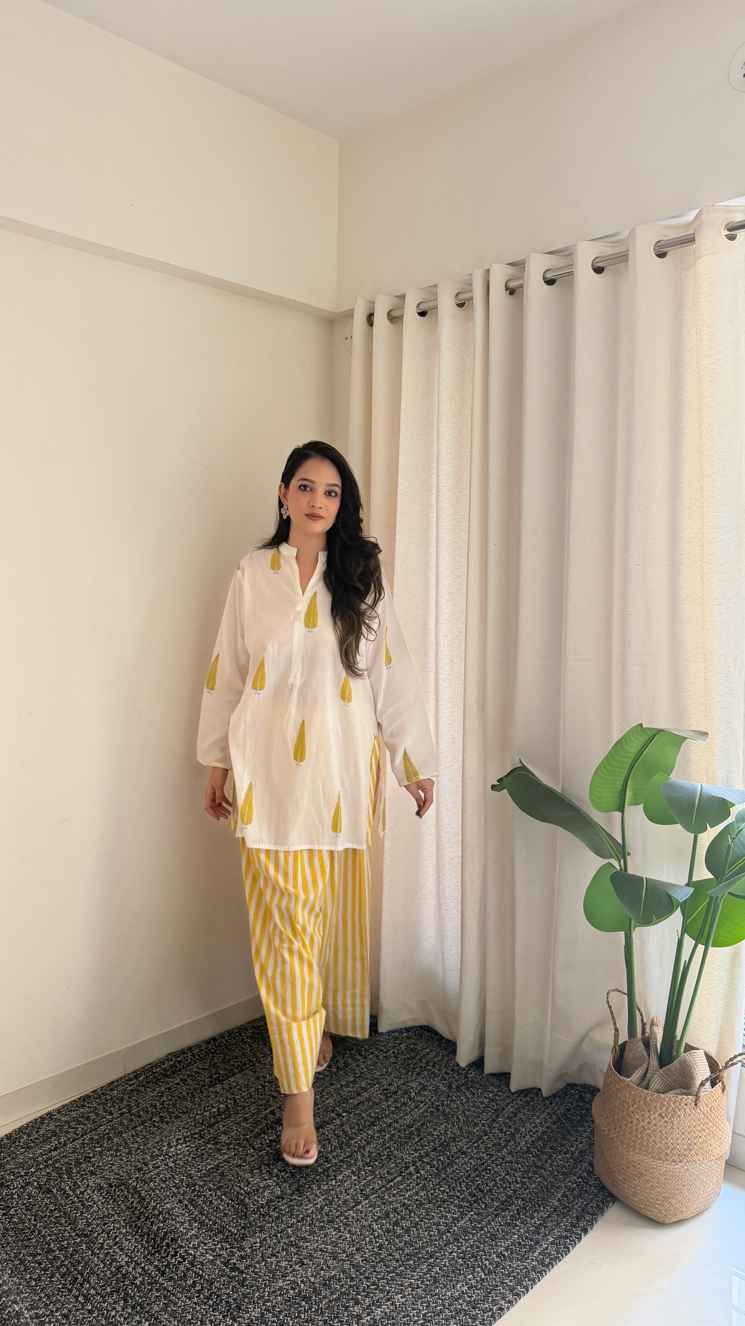 Aarti Hiran in Pihu White Block Printed Cotton Kurta with Farshi Salwar Set of 2