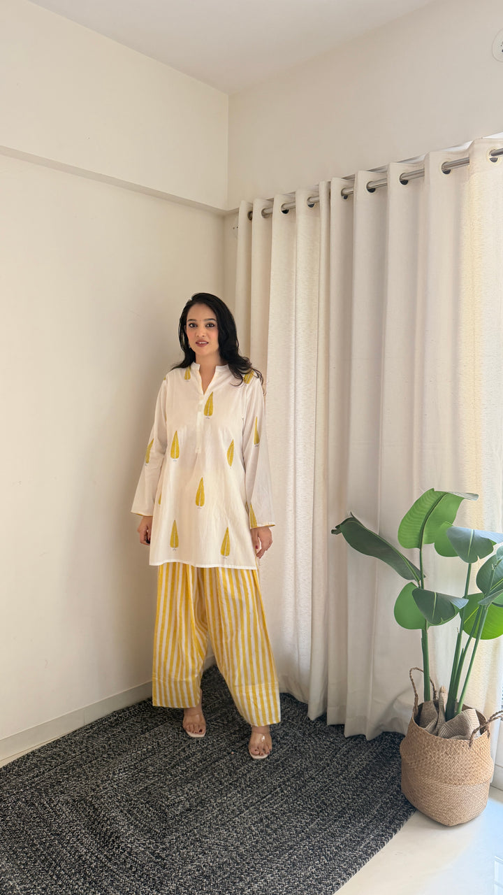 Aarti Hiran in Pihu White Block Printed Cotton Kurta with Farshi Salwar Set of 2