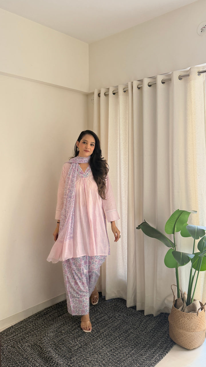 Pihu Strip Block Printed Farshi Suit Set of 3