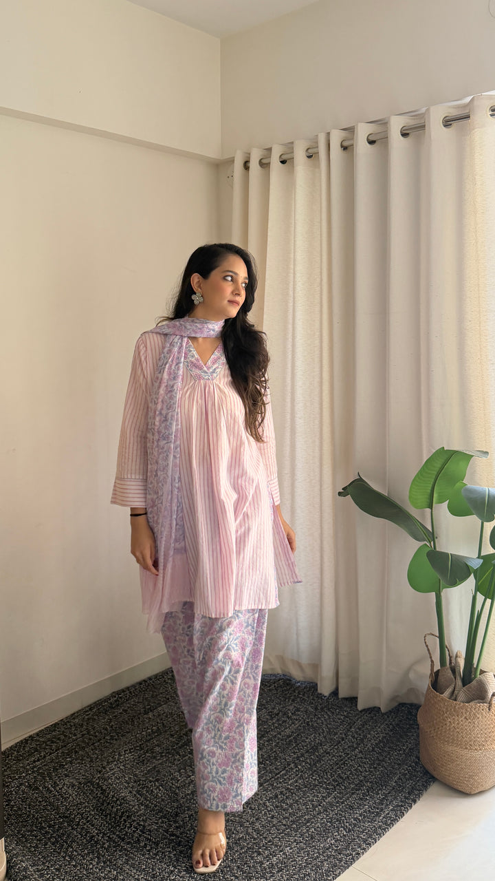 Pihu Strip Block Printed Farshi Suit Set of 3