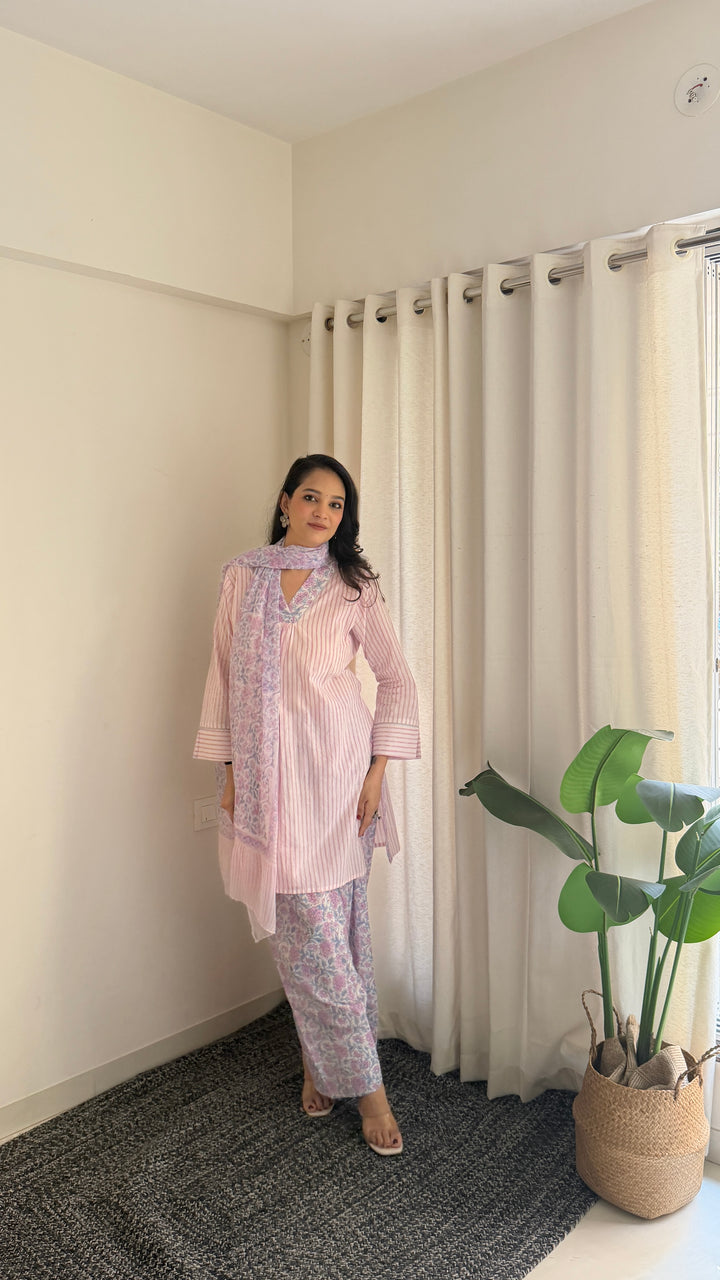 Pihu Strip Block Printed Farshi Suit Set of 3