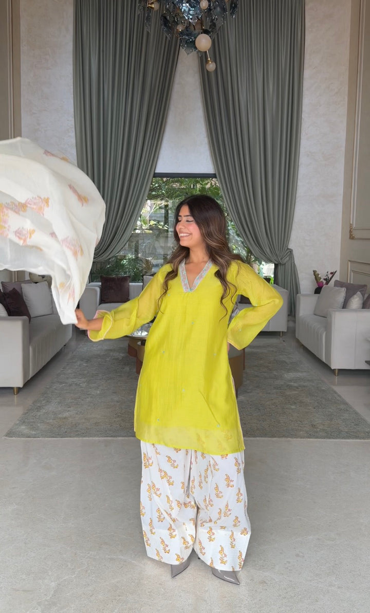 Mehal Kejriwal in Cotton Candy Lime Green Chanderi Mulmul Short Kurta with Farshi Salwar set of 3