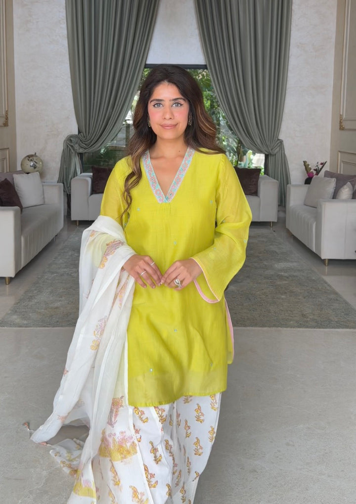 Mehal Kejriwal in Cotton Candy Lime Green Chanderi Mulmul Short Kurta with Farshi Salwar set of 3