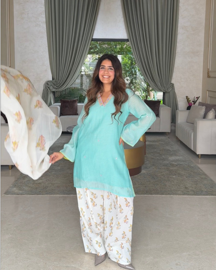 Mehal Kejriwal in Cotton Candy Light Blue Chanderi Mulmul Short Kurta with Farshi Salwar set of 3