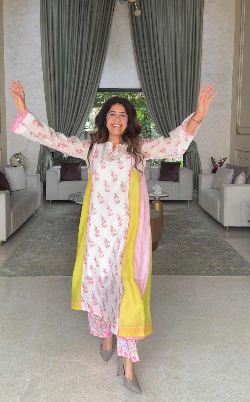 Mehal Kejriwal in Cotton Candy White Pink Chanderi Mulmul A-Line Kurta set of 2
