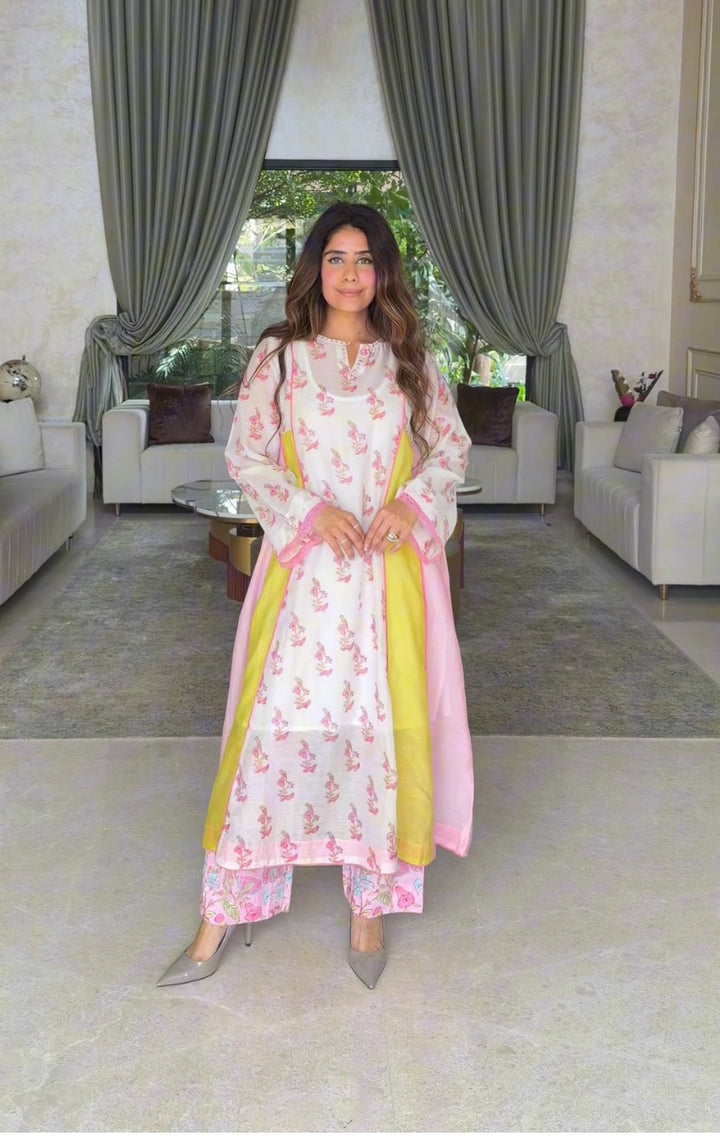 Mehal Kejriwal in Cotton Candy White Pink Chanderi Mulmul A-Line Kurta set of 2