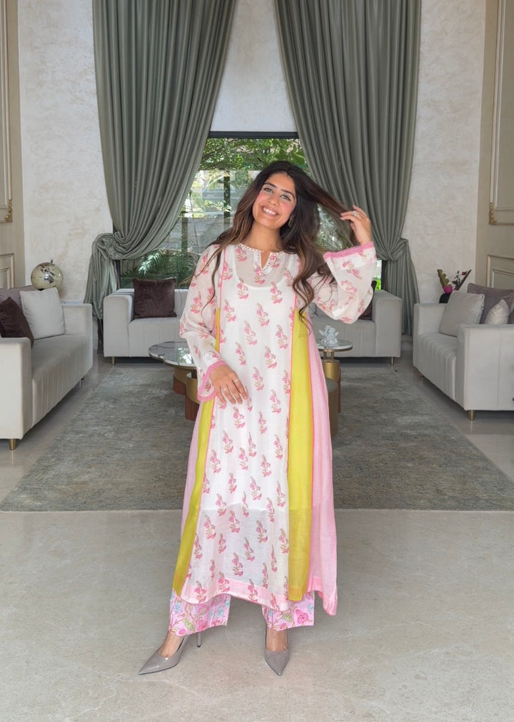 Mehal Kejriwal in Cotton Candy White Pink Chanderi Mulmul A-Line Kurta set of 2
