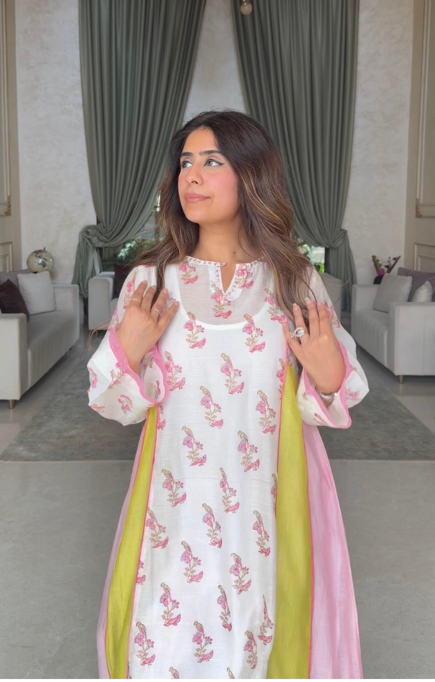 Mehal Kejriwal in Cotton Candy White Pink Chanderi Mulmul A-Line Kurta set of 2