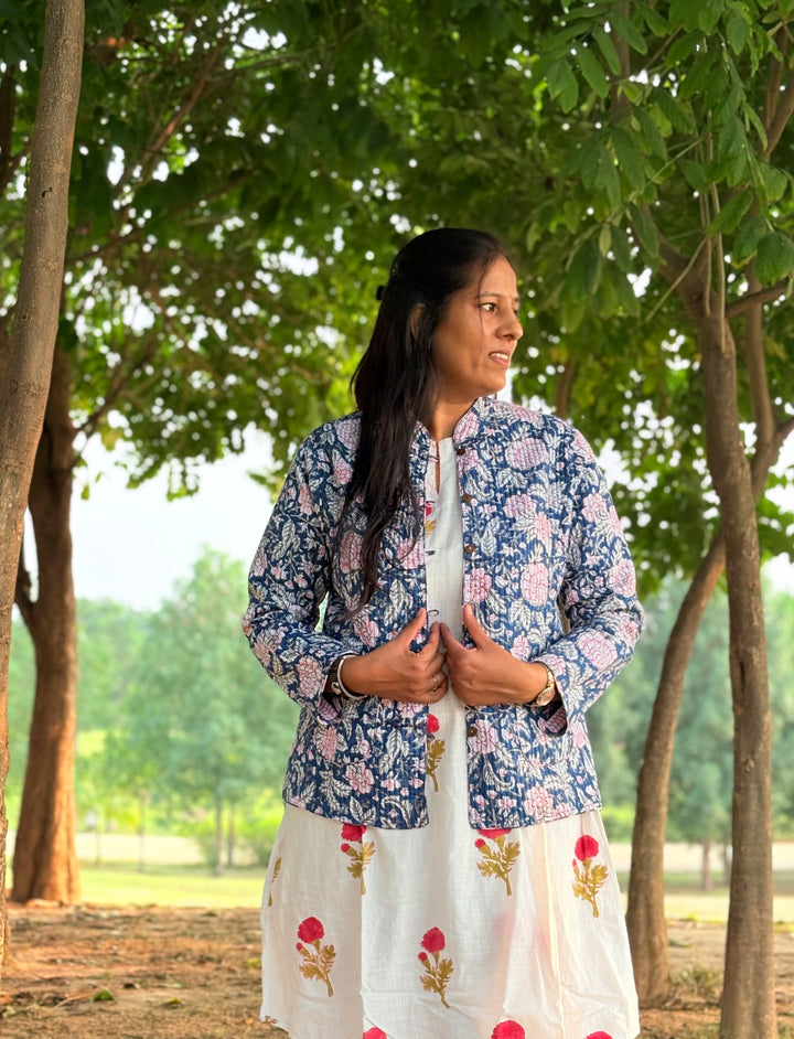 Reversible Quilted Full Sleeve Blue Jacket