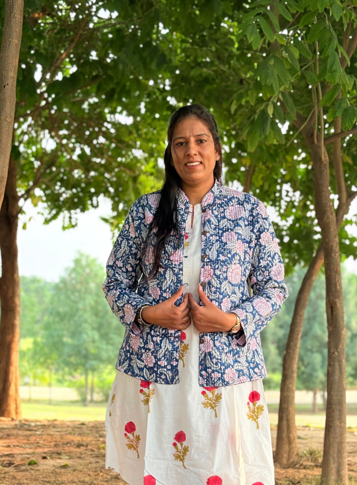 Reversible Quilted Full Sleeve Blue Jacket