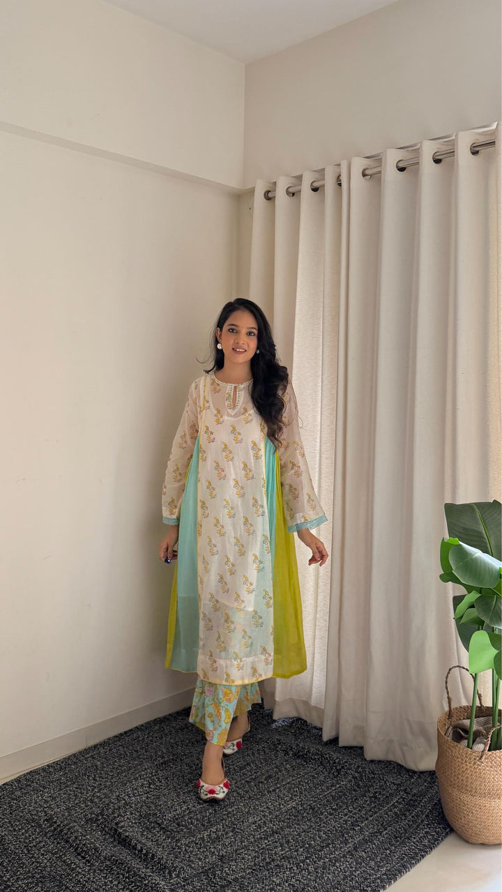 Aarti Hiran in Cotton Candy White Blue Chanderi Mulmul A-Line Kurta set of 2