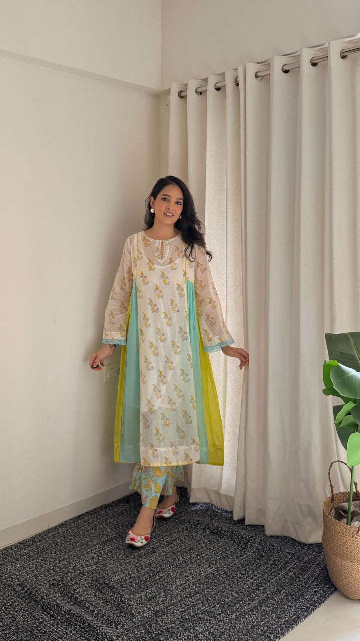 Aarti Hiran in Cotton Candy White Blue Chanderi Mulmul A-Line Kurta set of 2