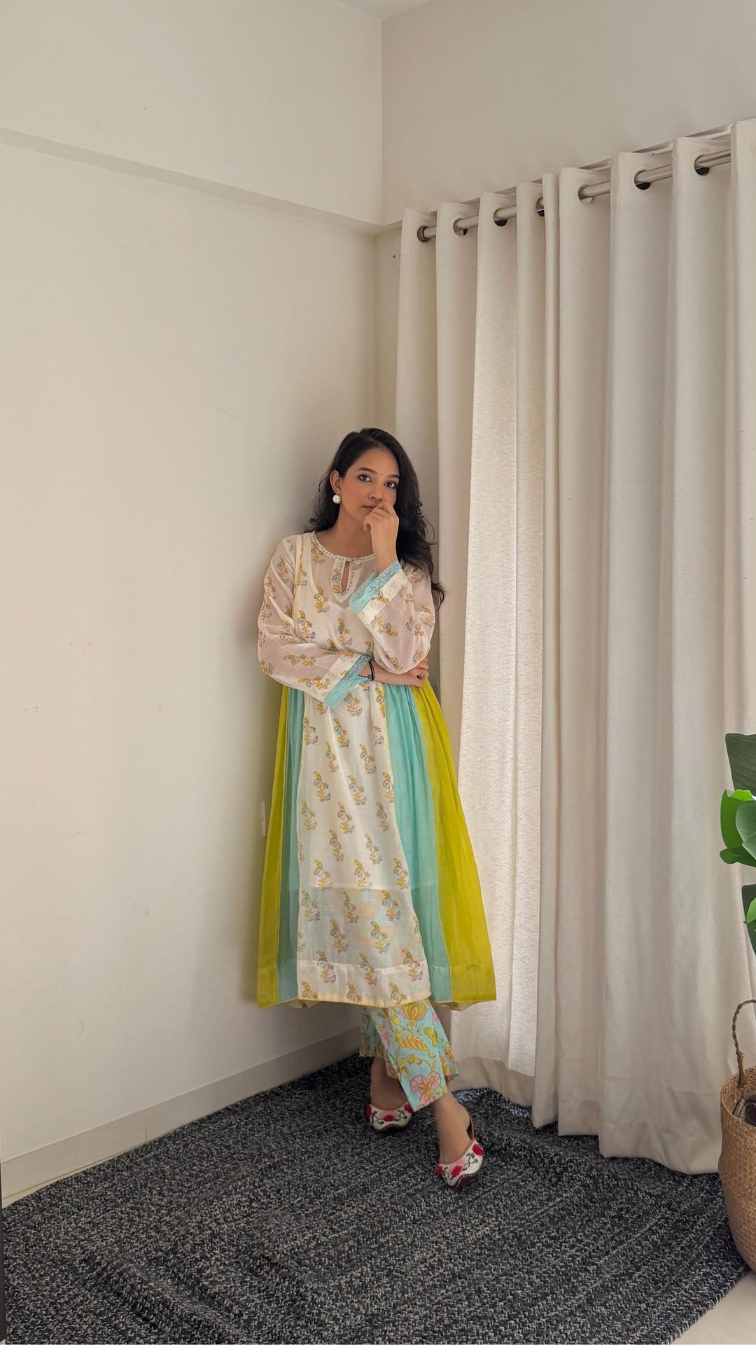 Aarti Hiran in Cotton Candy White Blue Chanderi Mulmul A-Line Kurta set of 2