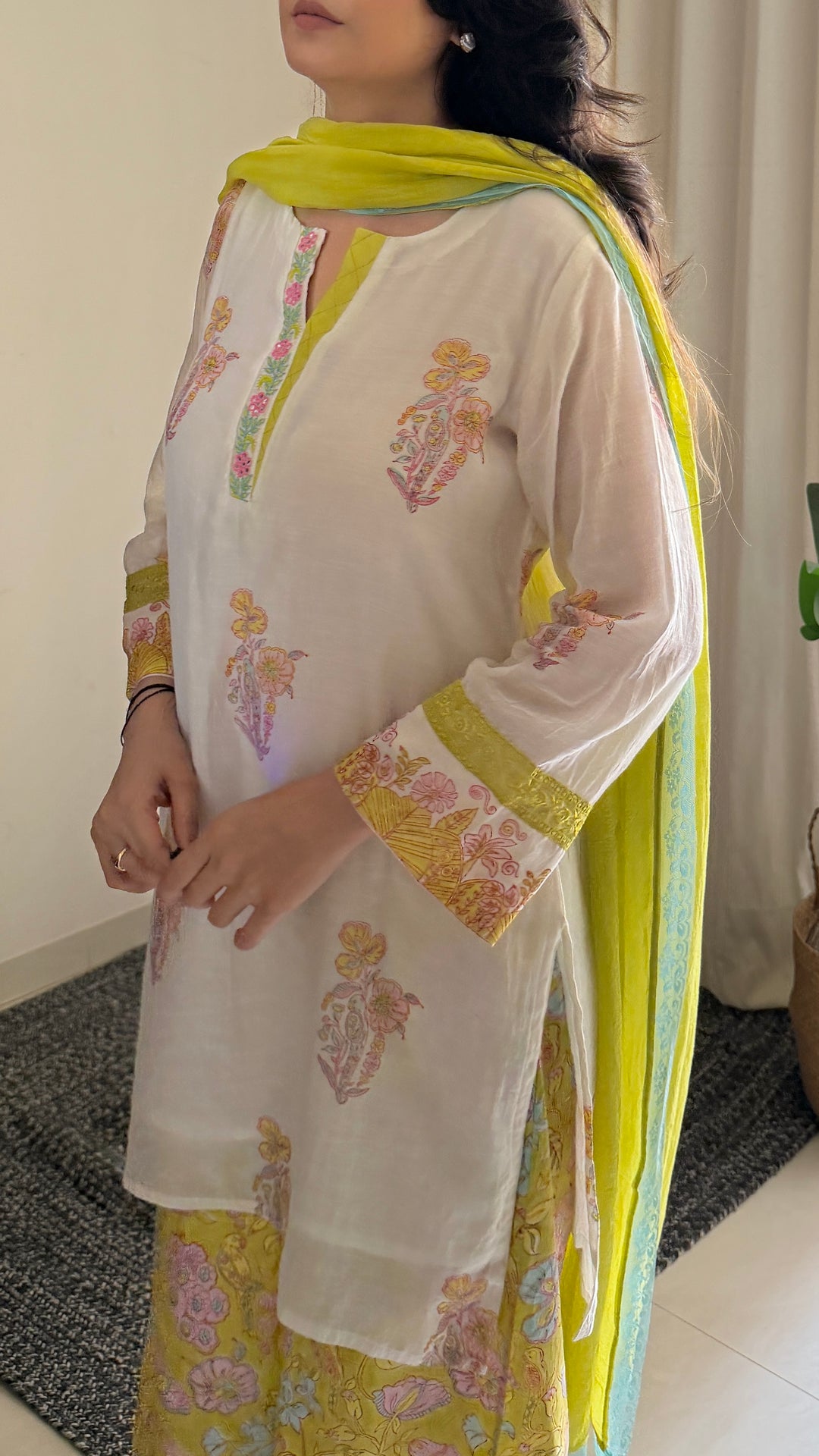 Cotton Candy White Green Hand Block Printed Chanderi Short Kurta Set of 3