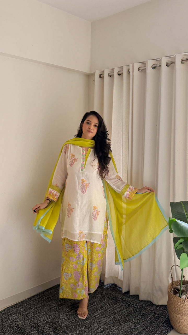 Cotton Candy White Green Hand Block Printed Chanderi Short Kurta Set of 3
